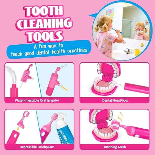 ULOVEME Kids Dentist Play Set Pink with Braces /Removable Teeth /Retainer - Doctor Kit for Toddlers 3-5 - Educational Toys for 4+ Year Old Girls - Pretend Play Toy for Ages 5-7 (Fushia) thumbnail 6