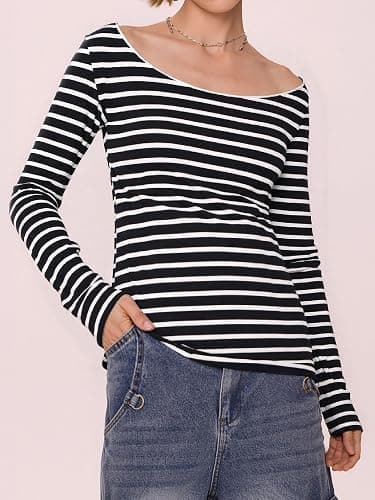 EMMIOL Off The Shoulder Tops for Women Striped Long Sleeve Shirts Going Out Top Y2k Fall Clothes thumbnail 4