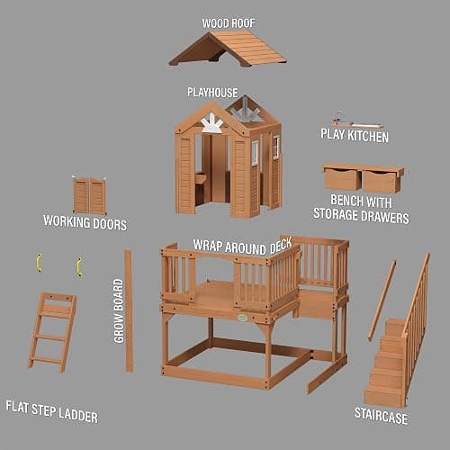 Backyard Discovery Scenic Heights Elevated Cedar Wooden Kids Playhouse with Play Kitchen, Wrap-Around Deck, Toy Storage Bench, Saloon-Style Doors, Ladder, Stairs, and Growth Chart for Outdoor Play thumbnail 9