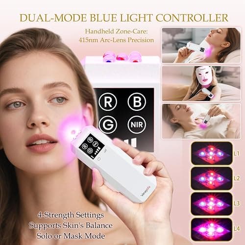 Veraylife Red Light Therapy Mask for Face, LED Facial Mask, Skin Care Light with Near Infrared 850nm & Adjustable Blue Light, Portable Home Device with 7 Colors & 8 Modes, 432 Beads Pro LEDs (White) thumbnail 4