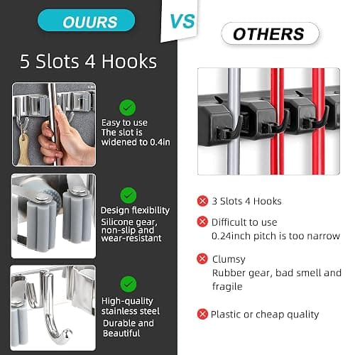Broom Holder Wall Mount, Broom Organizer Wall Mount Stainless Steel Broom and Mop Hanger Heavy Duty Storage Organization for Home Kitchen Garden Garage Room 5 Racks 4 Hooks thumbnail 8