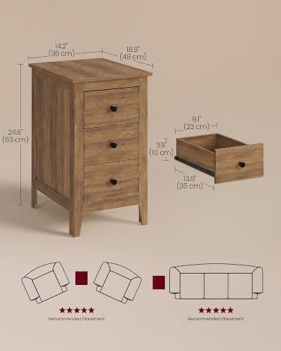 VASAGLE Side End Table with 3 Storage Drawers, Nightstand Farmhouse | Narrow Bedside Table for Living Room, Bedroom, Home Office, Honey Brown, LIRY Collection ULET132K101S thumbnail 2