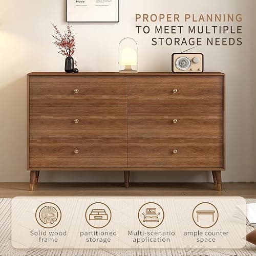 Messenya Dresser for Bedroom, 47 Inch 6 Drawer Wooden Chest of Drawers | FSC Certified Mid Century Modern Walnut Finish Wooden Dresser with Tapered Legs, Easy Assembly, Clearance for Robot Vacuum thumbnail 4