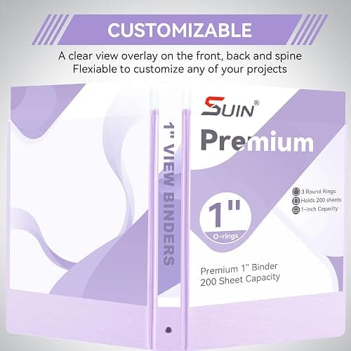 SUIN 1 Inch 3 Ring Binder, Clear 1'' View Presentation Binders with 2 Pockets, Fits 8.5 x 11 Letter Size, Durable Polypropylene, Non-Stick & PVC-Free for School, Office & Home (Brushed Lavender) thumbnail 4