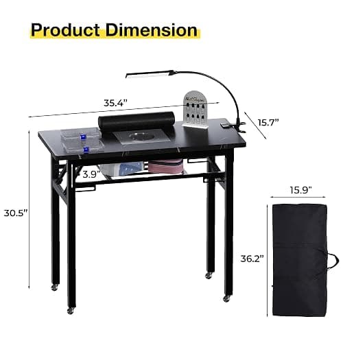 Portable & Foldable Manicure Table w/Dust Collector, Rolling Nail Tech Desk w/LED Light Lamp, Wrist Cushion, Lockable Wheels, Carrying Case, for Home Travel Beauty Salon Workstation (Marble Black) thumbnail 3
