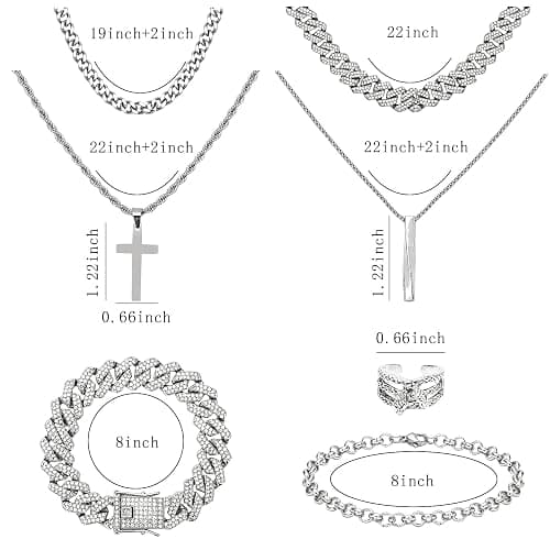 NEWITIN 15 Pieces Silver Jewelry Set for Men Stainless Steel Cuban Link Necklace Bracelet Cross Pendant Necklace Vintage Ring Cuban Jewelry Set for Men Women thumbnail 2