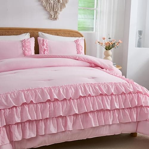 Herside Light Pink Comforter Set King Size,Waterfall Ruffle Shabby Chic Bedding Set,Soft Fluffy Boho Comforter Set for All Season,Vintage Ruffled 3 PCS Lightweight Quilt Set for Women Girls thumbnail 6