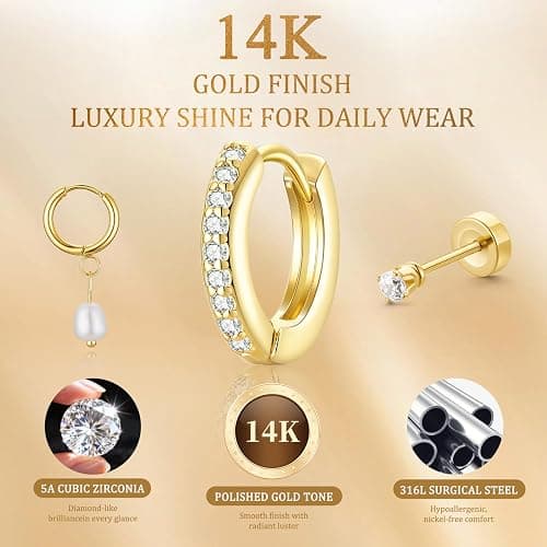 14K Gold Plated Earrings Set for Women | Small Hoop & Stud Earrings for Sensitive Ears | Stackable Flat Back Jewelry for Multiple Piercings | Dangle & Huggie Earring Gift Set thumbnail 4