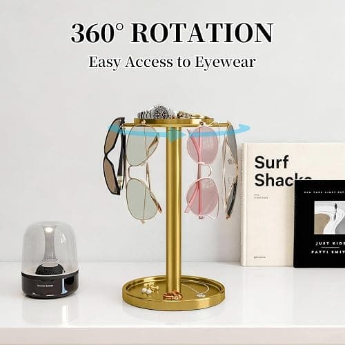 LSK 360° Rotating Sunglass Organizer, Glasses Stand with Storage Tray, Gold Stainless Steel Glasses Holder with Non-Slip Pad for Dresser, Nightstand & Home Decor, Storing Up to 9-16 Pairs Glasses thumbnail 3