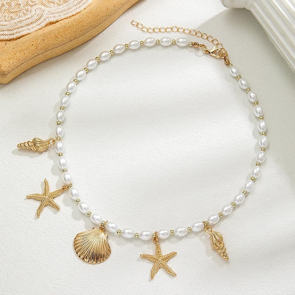 Dainty Gold Starfish Conch Oval Pearl Seashell Necklace for Women, Boho Statement Beaded Chain, Beach Holiday Party Jewellery thumbnail 9