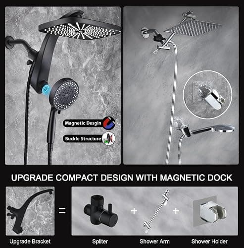 High Pressure Rain Shower Head: Upgrade Shower Heads with Handheld Spray Combo with Fixed Showerhead and 10 Sprays Handheld Shower Head, Detachable Showerheads Built-in Magnetic Docking and Power Jets thumbnail 7