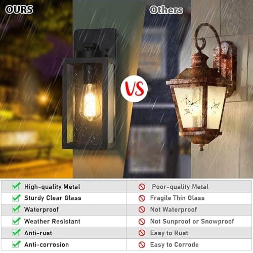 Outdoor Wall Light Fixtures, Exterior Waterproof Wall Lanterns, Porch Sconces Lighting with E26 Sockets & Glass Shades, Modern Matte Black Outside Lights for Patio Front Door Entryway Garage, 2-Pack thumbnail 5