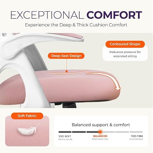 NEO CHAIR Office Desk Gaming Ergonomic Computer Chair with Lumbar Back Support Adjustable Height Swivel Rolling Wheels Flip-up Arms Mesh Chair for Home Vanity (Pink) thumbnail 4
