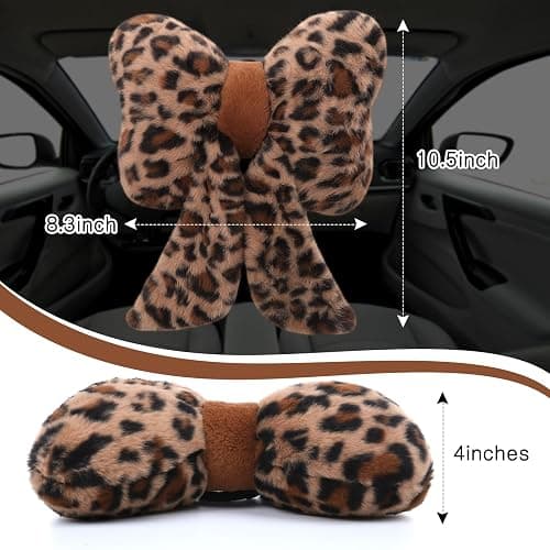 Macarrie 2 Pcs Car Neck Pillow Plush Butterfly Bow Car Headrest Pillow Comfortable Seat Neck Support Cute Head Rest Accessories for Driving Travel Driver Chair Girl Style Interior Decor (Leopard) thumbnail 2