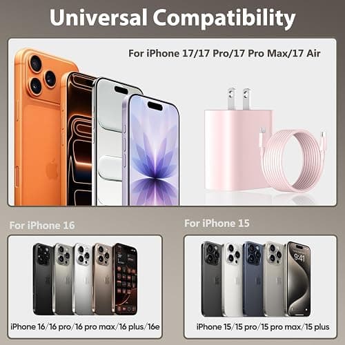 Phone 17 16 15 Charger Fast Charging, 10 FT Long USB C Charger Cord with 20W Type C Fast Phone Charging Block forPhone 17/17 Pro/17 Pro max/Air/Phone 16 15 Pro Max Plus, iPad, Android,Pink thumbnail 6