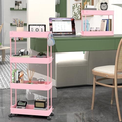 SPACEKEEPER Slim Rolling Storage Cart, 4 Tier Bathroom Cart Organizer, Pink | Narrow Rolling Cart with Wheels for Kitchen Office Bathroom Laundry Room,Mobile Utility Cart for Craft Art Makeup Nail Polish thumbnail 4