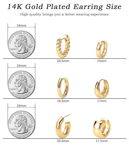 Gold Hoop Earrings Set 14k Real Gold Plated Huggie Earrings Hypoallergenic Chunky Twisted Thick Jewelry for Multiple Piercing Christmas Gift for Women thumbnail 2