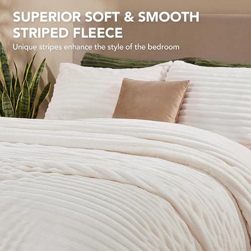 HYLEORY Fluffy Queen Comforter Set 3 Pieces - Fleece Fluffy Soft & Warm Plush Cream White Comforter Sets, Luxury Fuzzy Bedding Sets, All Season Heavy Bed Set Queen Size with 2 Pillowcases thumbnail 3