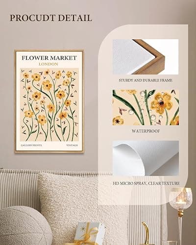 Gufro Flower Market Framed Wall Art,Boho Yellow Flower Canvas Art Painting,Abstract Botanical Boho Floral Aesthetic Painting Decor for Dorm Living Room Bedroom 16x24in thumbnail 5