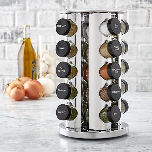 Kamenstein 20 Jar Revolving Countertop Spice Rack with Spices Included, FREE Spice Refills for 5 Years, Polished Stainless Steel with Black Caps, 30020 thumbnail 2