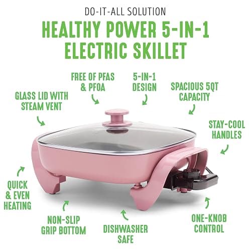 GreenLife12" 5QT Square Electric Skillet, Glass Vented Lid, Ceramic PFAS-Free Nonstick Coated Interior, Adjustable Temperature Control, Cool Touch Handles, Quick Even Heating, Scratch Resistant, Pink - Pink thumbnail 3