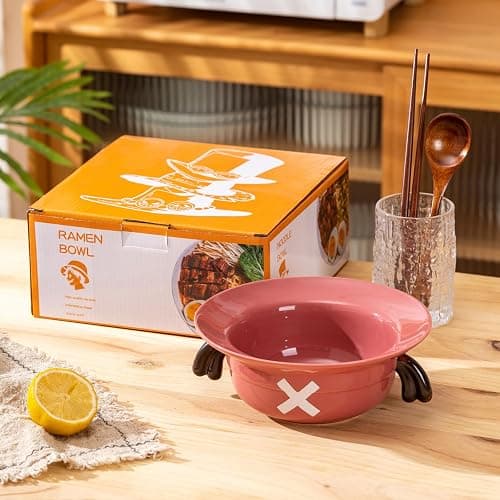 DVJEPJ Straw Hat Ramen Bowl (Ceramic Bowl + Wooden Spoon + Chopsticks) for Anime Fans thumbnail 3