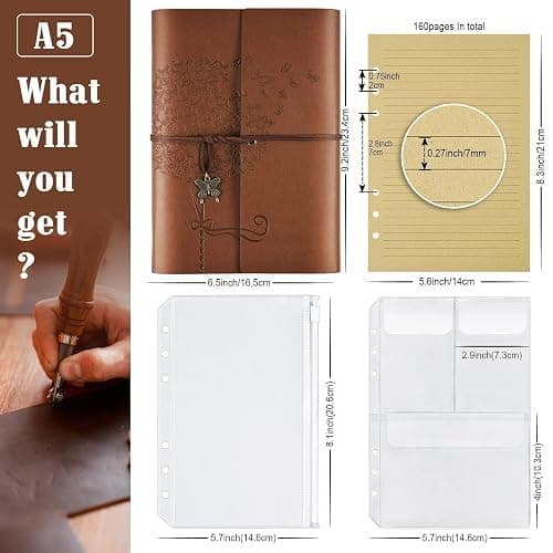 OMEYA Leather Journal Notebook, Refillable Writing Journal Diary Planner for Women Girls (Brown, A5-9.3''×6.3'') | 6.5" x 9.2", 160 Pages, 2 PVC Pockets, Vintage Travel Journals for Writing, Gift for Women and Girls thumbnail 3
