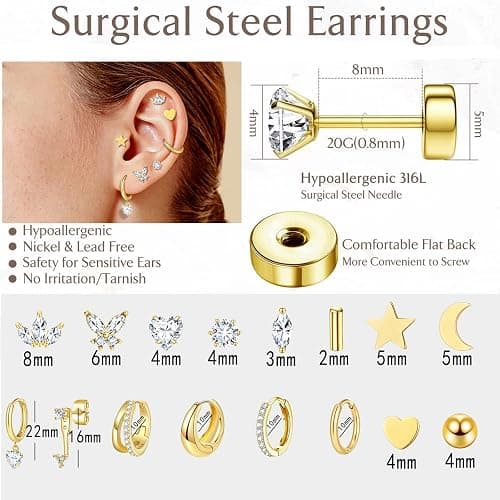 14K Gold Plated Flat Back Earrings & Hoops Set - 16 Pairs Hypoallergenic Cartilage Studs & Mini Hoops for Women | Threadless Push-in Design, Tiny Star, Moon, Heart, CZ Studs & Chunky Hoops thumbnail 2