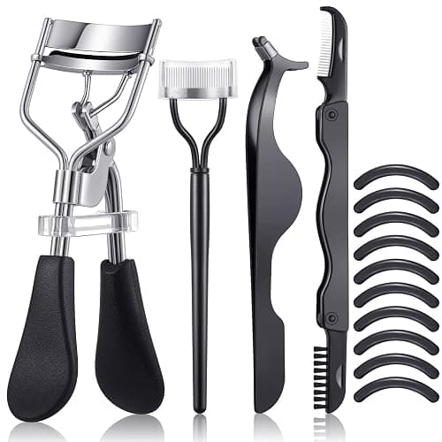 14 Pieces Eyelash Curler Kit Eyelash Comb Eyebrow Brush Tweezers False Eyelashes Applicator Tool Eyebrow Trimmer Silicone Refills Pads for Women (Black) - Image 1