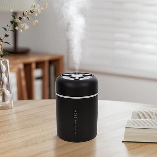 Portable Mini Humidifier, 300ml USB Cool Mist Small Humidifier with Colorful Lights. Perfect for Bedroom, Office, Plants, travel & Car (Black) - Image 1