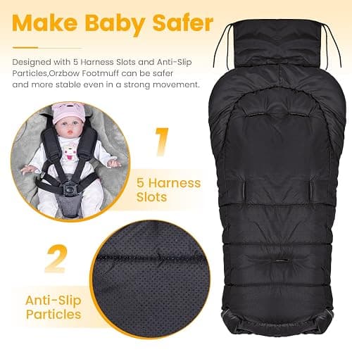Orzbow Universal Toddler Stroller Footmuff, Winter Warm Water-Repellent Bunting Bag for Babies, Toddlers and Kids - Cold Weather Zipper Blanket Cover for Strollers and Car Seats Accessories, Black thumbnail 3