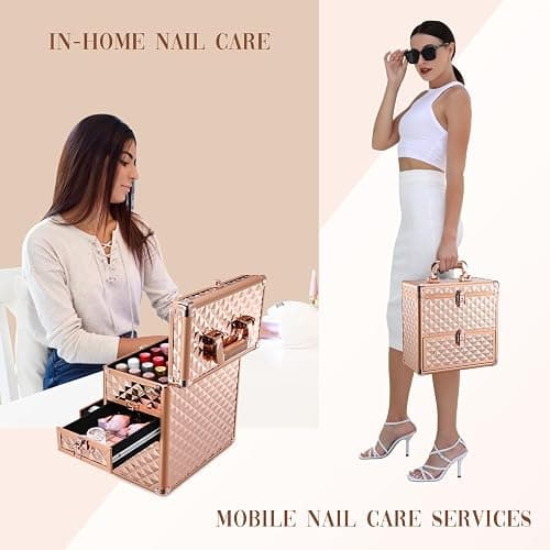 Makeup Train Case Professional Makeup Organizer Case with Drawer Mirror Extra Large Makeup Manicure Accessory with Dividers Travel Cosmetic Case for Cosmetologist Nail Tech Kits Makeup Case Rose Gold thumbnail 2