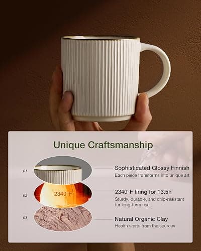 famiware Coffee Mug Set for 8, Star 12 oz Catering Mugs Cup Set with Handle for Coffee, Tea, Cocoa, Milk - Ceramic Stoneware Drinkware Set, White thumbnail 4