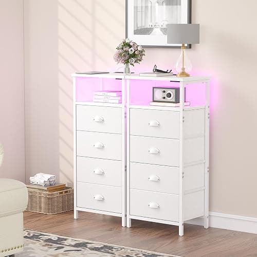 sthmec Nightstand with Charging Station,LED White Nightstand with 4 Fabric Drawers PU Finish, Bedside End Tables, 2-Tier Open Storage Shelf Side Table Nightstand with Drawers for Bedroom,White thumbnail 7