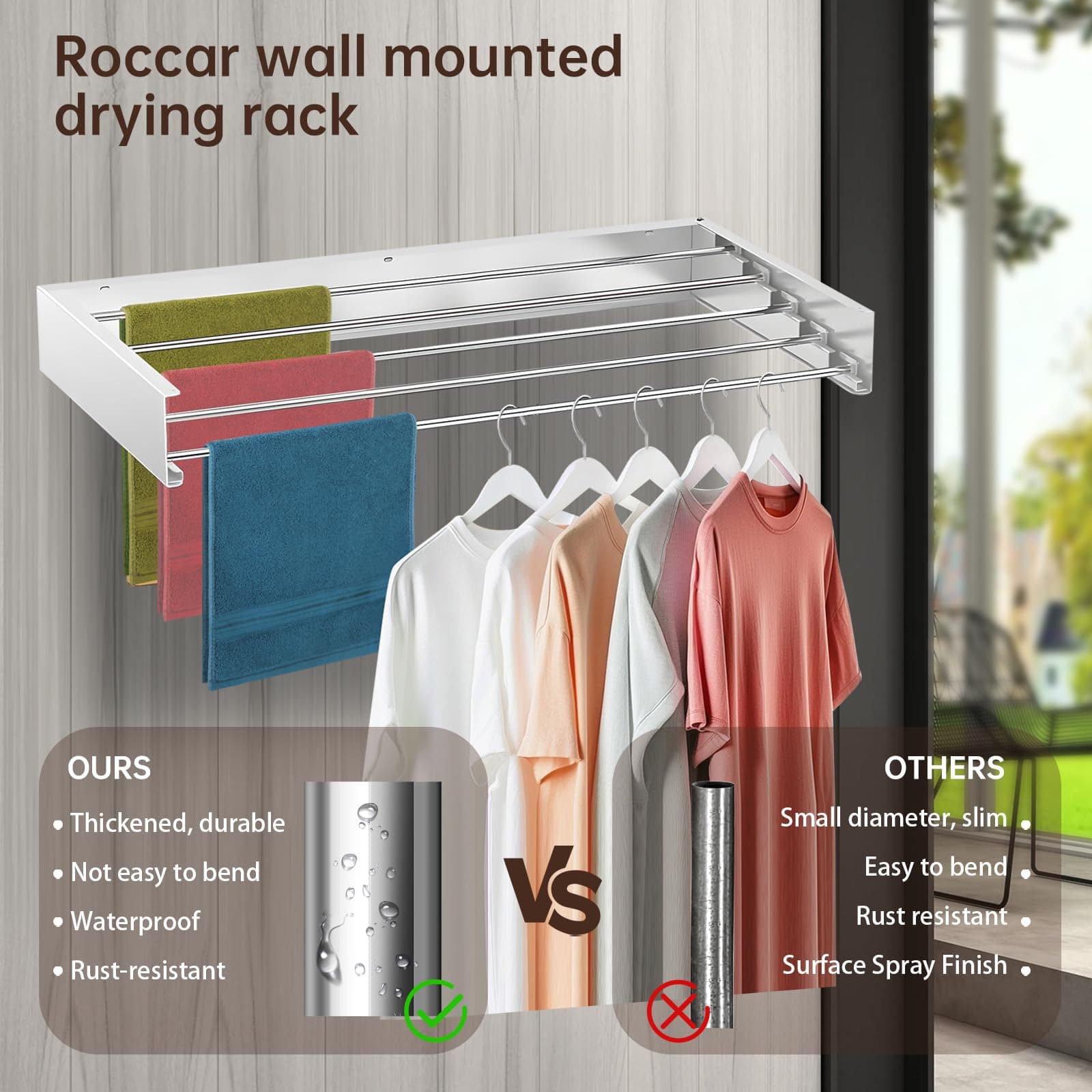Wall Mounted Drying Rack, Collapsible Drying Racks for Laundry, Foldable Indoor and Outdoor Clothes Rack,Retractable Clothes Drying Rack, 80cm Wide,5 Rods, 45 lb Capacity thumbnail 4