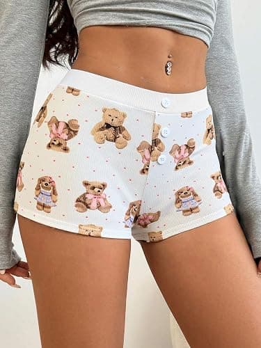 ZAFUL Women Y2K Lounge Shorts Bear Print Skinny Pajama Bottoms Elastic Button Front Sleep Shorts thumbnail 2