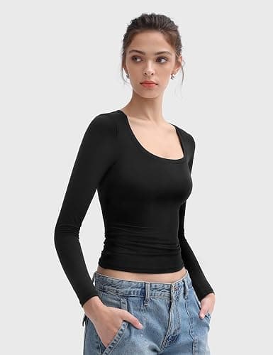 PUMIEY Women's Long Sleeve T Shirts Scoop Neck Slim Fit Going Out Tops Double Lined Basic Tee Smoke Cloud Collection thumbnail 2