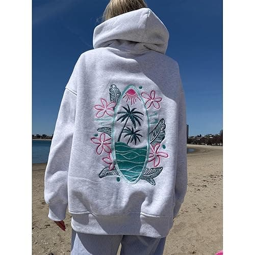 Women Preppy Embroidered Hoodies Y2K Graphic Cute Teen Girls Vintage Oversized Sweatshirt Floral Aesthetic Pullover Top thumbnail 4
