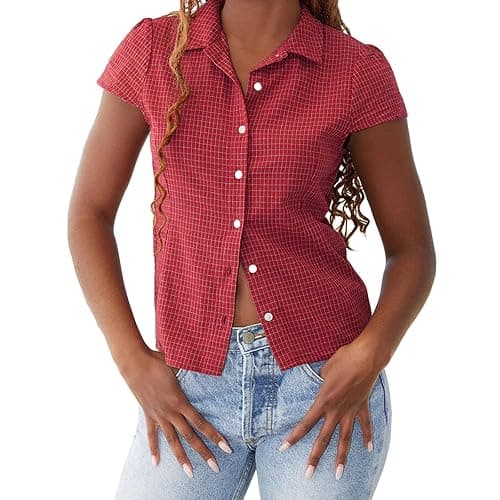Women Short Sleeve Button Up Shirt Y2K Slim Fitted Basic Tees 2025 Summer Trendy Going Out Tops - Image 1
