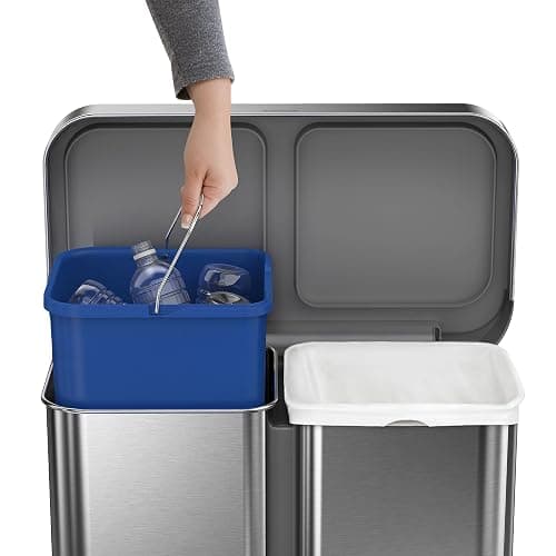 simplehuman 58 Liter / 15.3 Gallon Rectangular Dual Compartment Recycling Step, Brushed Stainless Steel with Soft-Close Plastic Lid Kitchen Trash Can thumbnail 4