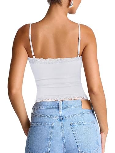 PINKMSTYLE Women's Sexy Square Neck Lace Cami Tank Tops Fitted Double Lined Sleeveless Crop Spaghetti Strap Summer Y2k Tops thumbnail 6