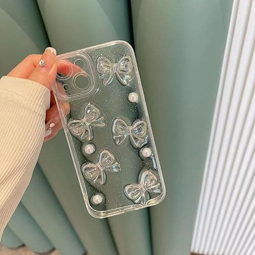 Ownest Compatible with iPhone 12 Case with Clear Cute 3D Bowknots and Pearl Aesthetic Patterns for Women Teen Girls, Glitter Sparkle Back and Full Lens Protection Protective Phone Case Cover + Chain thumbnail 6
