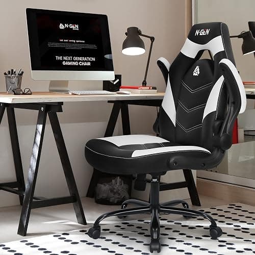 N-GEN Video Gaming Computer Chair Ergonomic Desk Office Chair for Adults with Lumbar Support Flip-Up Arms Adjustable Height Swivel Wheels PU Leather Executive Design for Home and Office (White) - White thumbnail 2