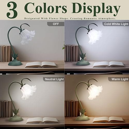 Flower Table Lamp, 3 Level Brightness Vintage Flower Reading Light with E26 Bulb, Cute Desk Lamp Bedside Lamps Lily Lamps for Nightstands Living Room Bedroom Ambient Lighting Home Decor, Metal Base thumbnail 5