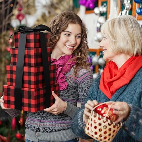 Clabby 4 pcs Christmas Nesting Boxes with Lids Square Xmas Stackable Gift Box, Assorted Sizes Decorative Nesting Boxes with Ribbon for Holiday Wedding Birthdays Present(Red and Black,Checkered) thumbnail 6