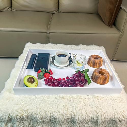 White Rectangular 14x20 Inches Acrylic Ottoman Tray Decorative Serving Tray with Cutout Handles Organizer Tray on Coffee Table Countertop Big Breakfast Bed Tray Living Room Appetizer Serving Food thumbnail 2