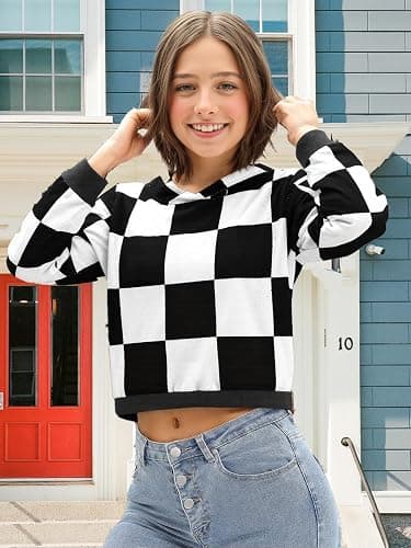 Seiciviy Girls Crop Tops Kids Hoodies Cute Plaid Color Block Shirts Long Sleeve Cropped Casual Pullover Fashion Sweatshirts thumbnail 3