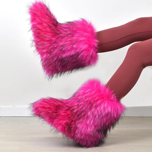 qenqenr Fashion Fur Boots,Flat Heel Comfy Plush Warm Snow Booties,2025 Winter Outdoors Furry Boots,Mid-Calf Faux fur Boot for Women. thumbnail 3