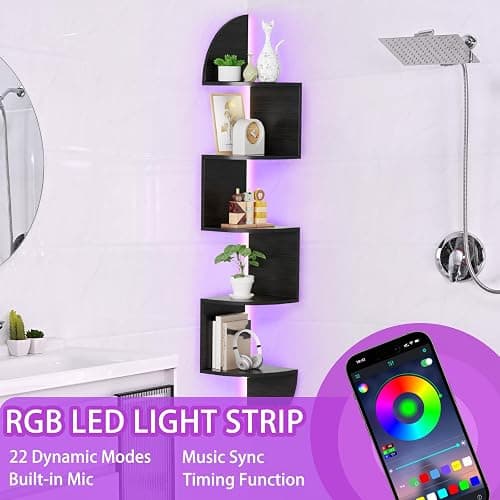 Corner Shelf, 5 Tier Bookshelf with LED Light, Corner Shelf Wall Mounted, Floating Shelves for Wall, Display Stand for Bedroom, Living Room, Bathroom, Home, Office, Black - Black - 5 Tier thumbnail 5