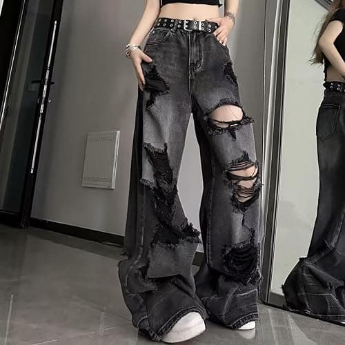 Y2K Ripped Grunge Baggy Jeans Pants Emo Women Goth Straight Leg Pants High Waist Alt 2000s Trousers Clothes thumbnail 2